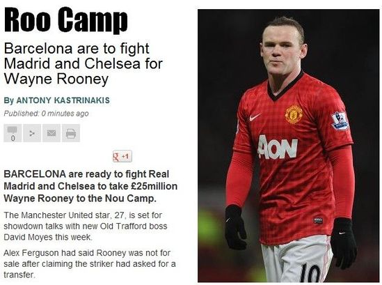 《太阳报》:巴萨有意同众豪门争抢鲁尼