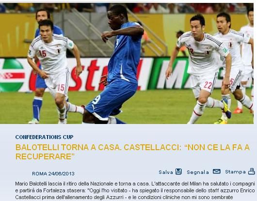 意大利足协官网：巴洛特利周一晚上提前回国