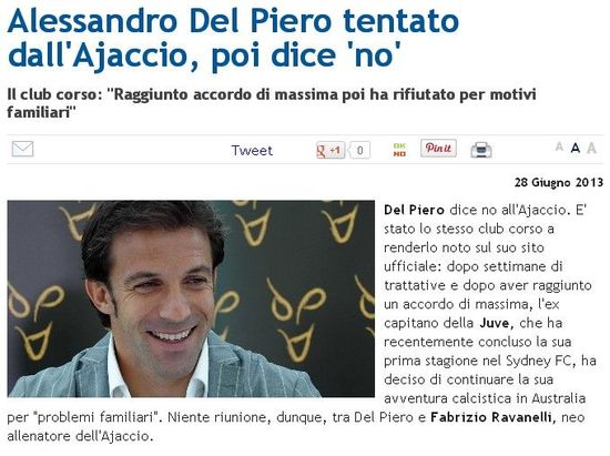 《mediaset》：皮耶罗曾无限接近加盟阿雅克肖