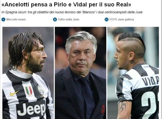 《都灵体育报》：安切洛蒂有意挖角皮尔洛和比达尔