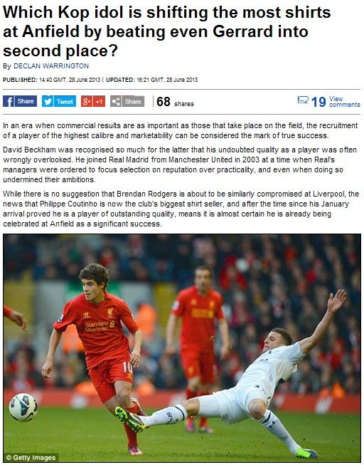 《邮报》:库蒂尼奥力压杰拉德成利物浦球迷新宠