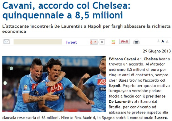 《Mediaset》：卡瓦尼与切尔西达成协议