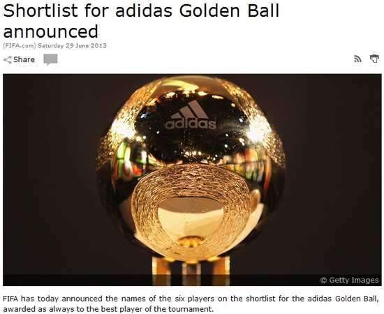 FIFA官网:联合会杯金球奖候选名单出炉