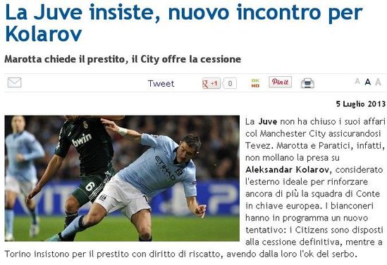 《mediaset》：尤文紧追科拉罗夫，下周将对话曼城