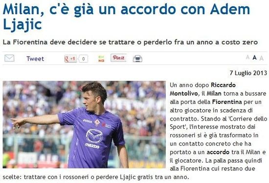 《Mediaset》：米兰谈妥利亚伊奇