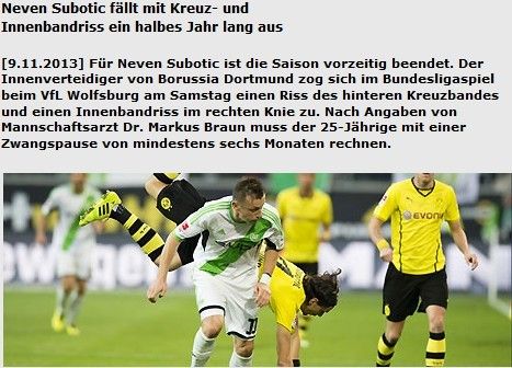 多特蒙德官网：苏博蒂奇十字韧带撕裂赛季报销