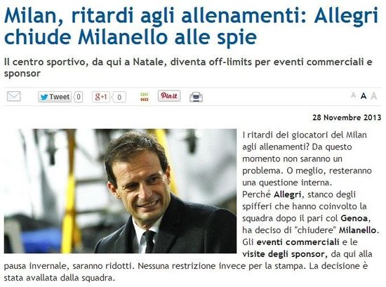 《Mediaset》：阿莱格里封闭米兰训练基地