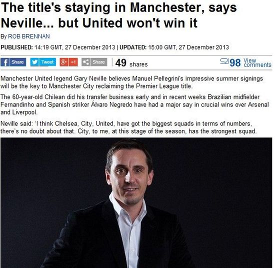 邮报:内维尔看好曼城英超夺冠