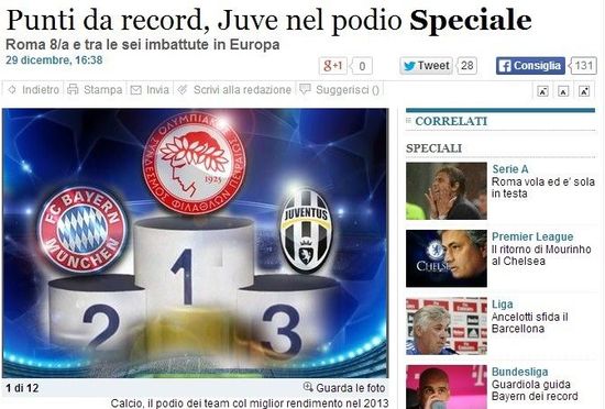 《安莎社》:欧洲冬歇期前战绩榜,尤文排第3