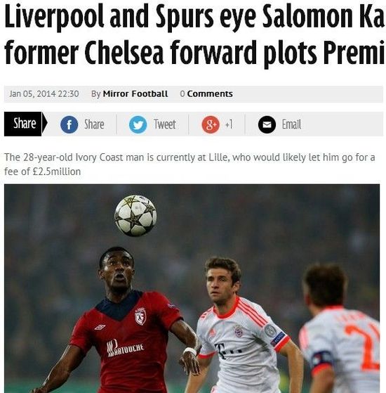 镜报：利物浦热刺争抢切尔西旧将卡劳