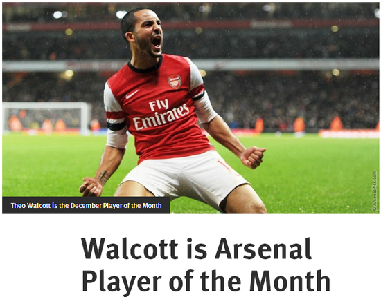 《阿森纳官网》：沃尔科特当选枪手12月份最佳球员
