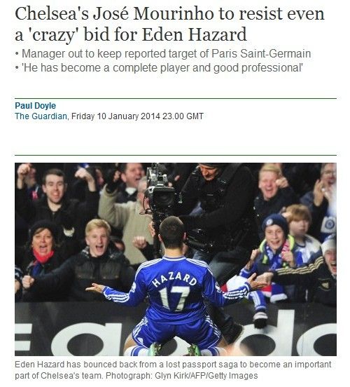 卫报：穆帅称哪怕收到天价也不卖阿扎尔