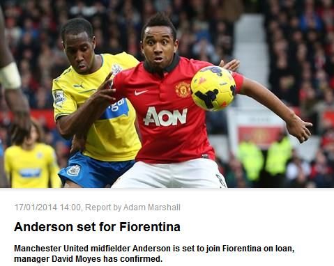 曼联官网：安德森租借加盟佛罗伦萨