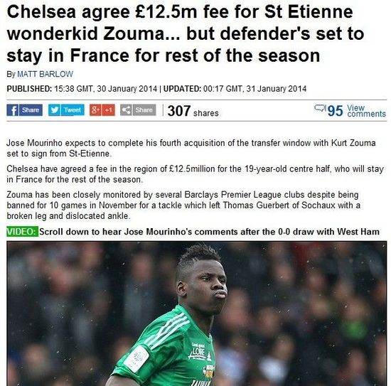 邮报：切尔西以1250万英镑收购圣埃蒂安中卫祖马