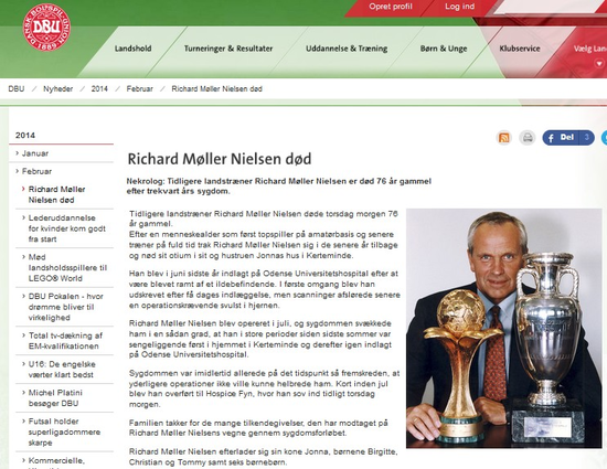 丹麦足协官网：尼尔森辞世