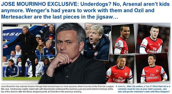 邮报:穆帅称阿森纳不再是娃娃兵,本赛季绝对是夺冠热门