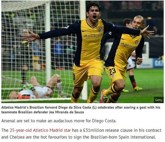 镜报：温格欲出3100万镑抢蓝军猎物科斯塔