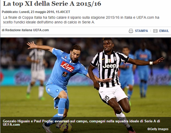 欧足联评意甲最佳阵:伊瓜因领衔 尤文5席米兰0人