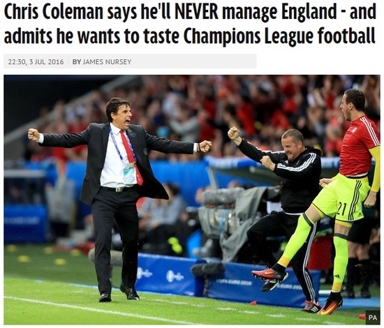 《每日镜报》：科尔曼表态永远不会执教英格兰